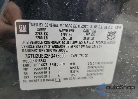 2015 GMC Sierra K1500 Sle from USA, damaged, VIN 3GTU2UEC2FG472596